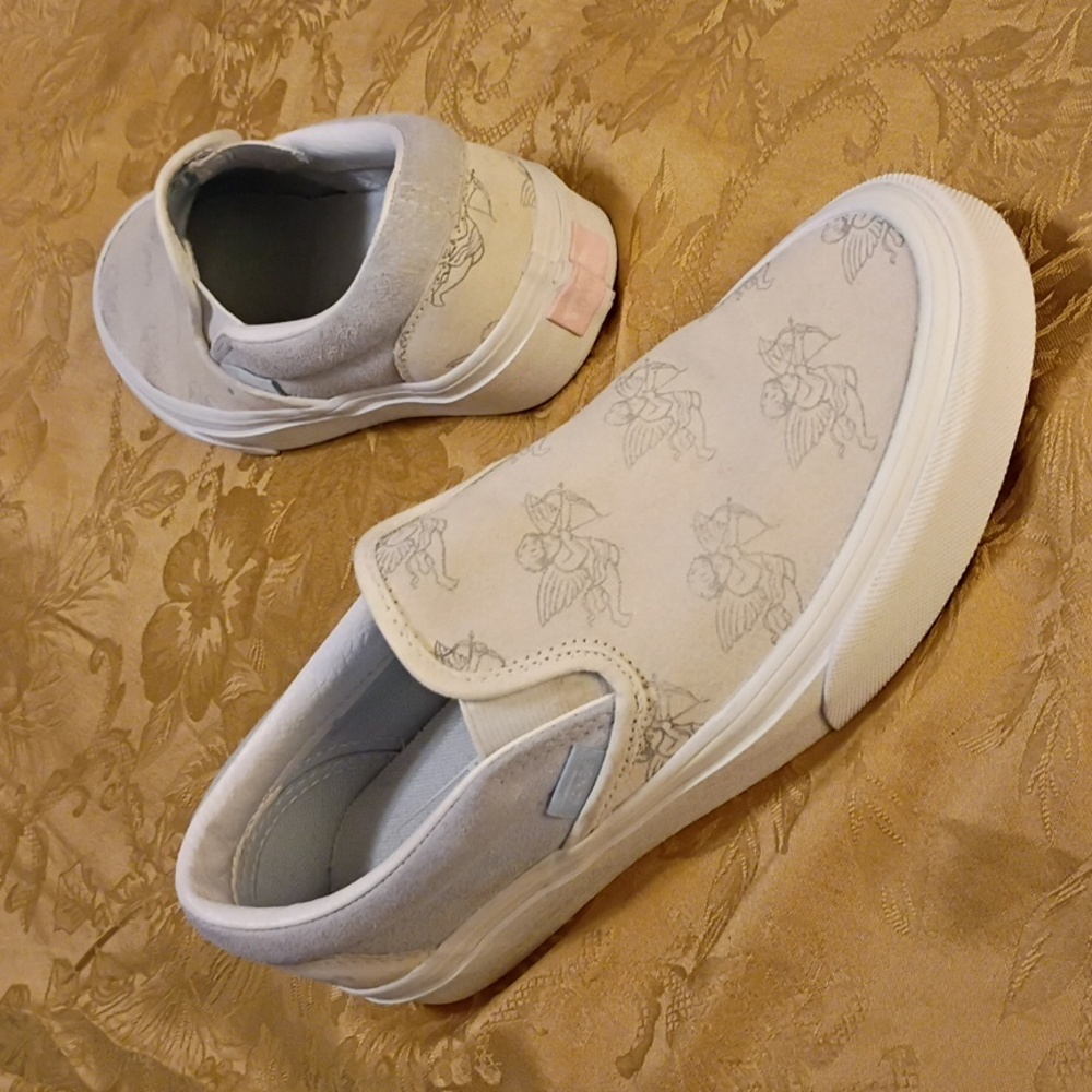 VANS White and Blue Slip-On Shoes with Angel Print Women's 7.0 Men's 5.5